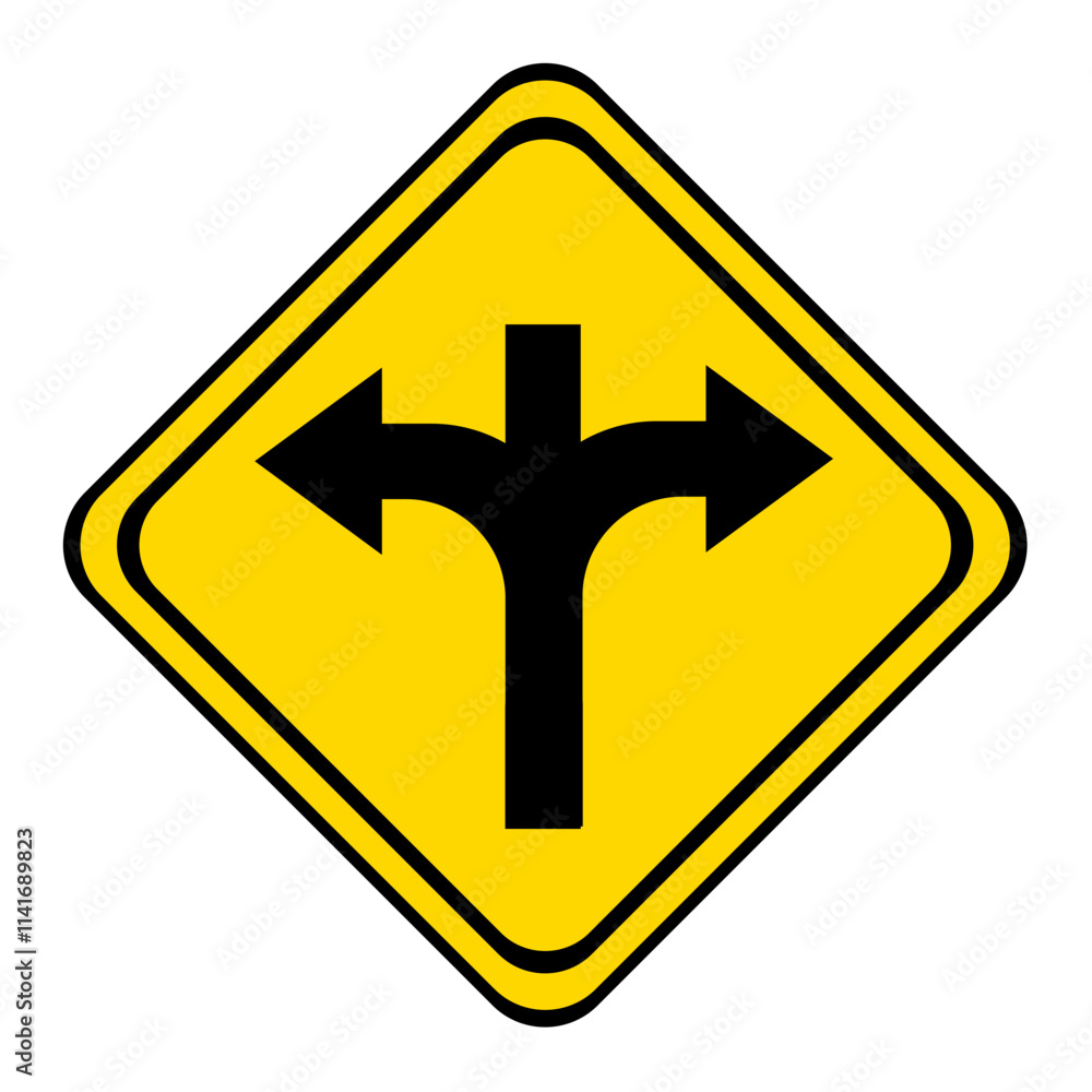 the road forks with a dead end if straight. warning road sign on a yellow and black board in the shape of a rhombus. the road forks with a dead end if straight. warning road sign on a yellow and black board in the shape of a rhombus.