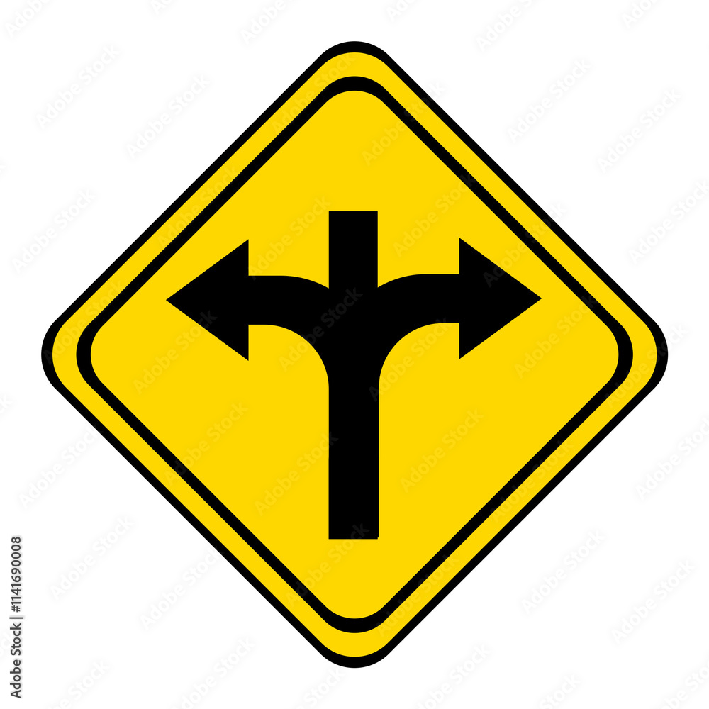 warning road sign on a yellow and black board in the shape of a rhombus. the road forks with a dead end if straight. warning road sign on a yellow and black board in the shape of a rhombus. the road forks with a dead end if straight.