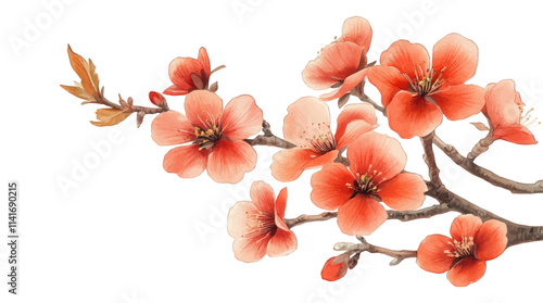 Red cherry blossom branch isolated on white background