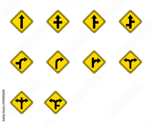 forked road, dead end, straight road, turning road. warning road sign on a yellow and black board in the shape of a rhombus.