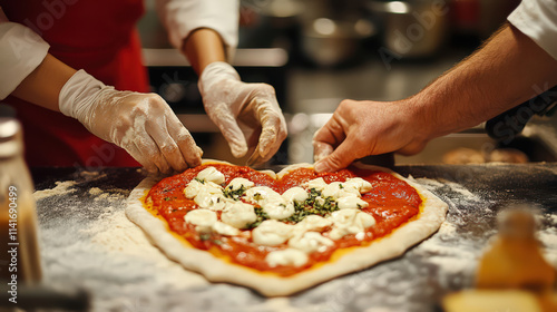 Couple making heart shaped pizza joyful teamwork kitchen food cooking pizza heart love romance chef hands mozzarella tomato herbs flour food preparation culinary togetherness partnership