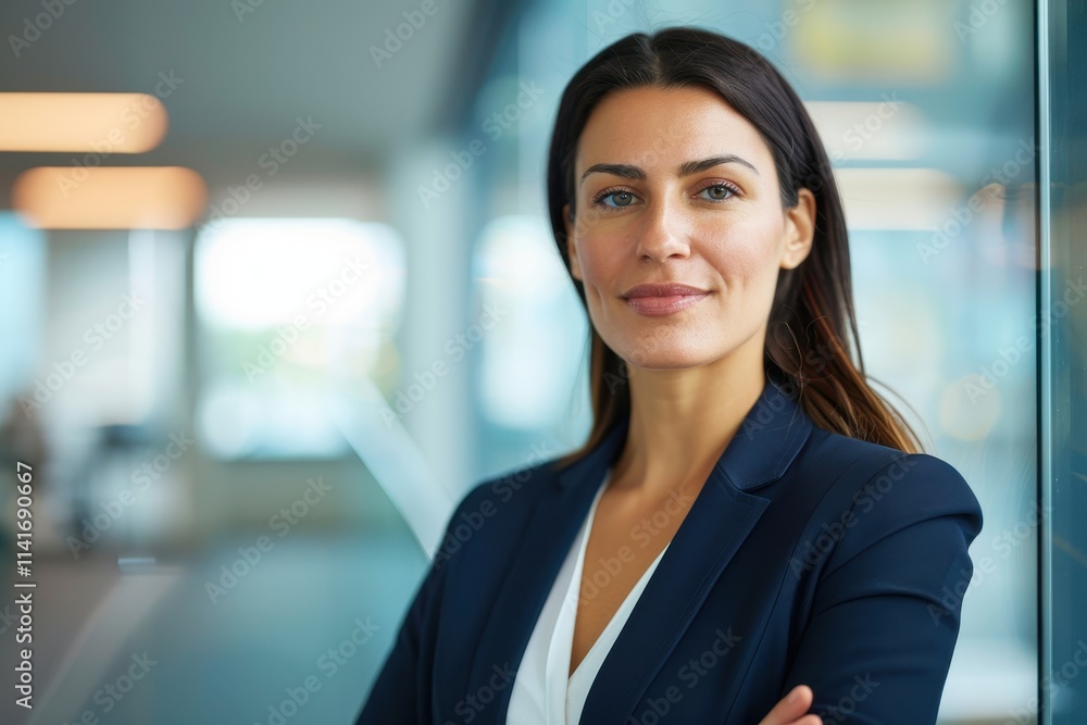 A confident woman in a professional setting, wearing a dark blazer and white blouse, stands with arms crossed, exuding professionalism and poise. A confident woman in a professional setting, wearing a dark blazer and white blouse, stands with arms crossed, exuding professionalism and poise.
