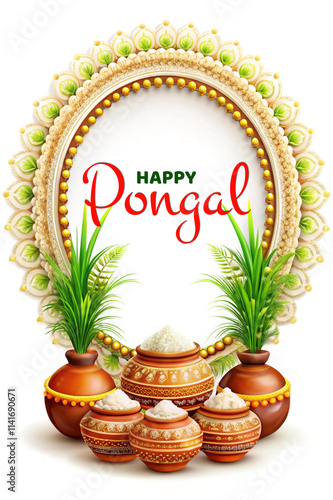 South indian harvest festival happy pongal design with festive clay pot, sugarcane, and intricate rangoli art in celebration poster