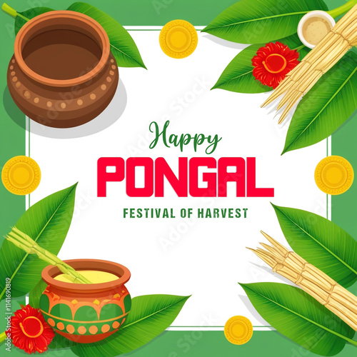 Vibrant pongal festival poster showcasing traditional indian harvest celebrations with decorative sugarcane, rice pot, and festive elements