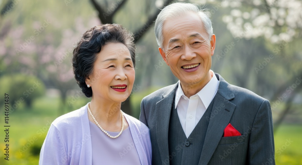 Joyful elderly couple with silver hair smiling in springtime park setting Joyful elderly couple with silver hair smiling in springtime park setting