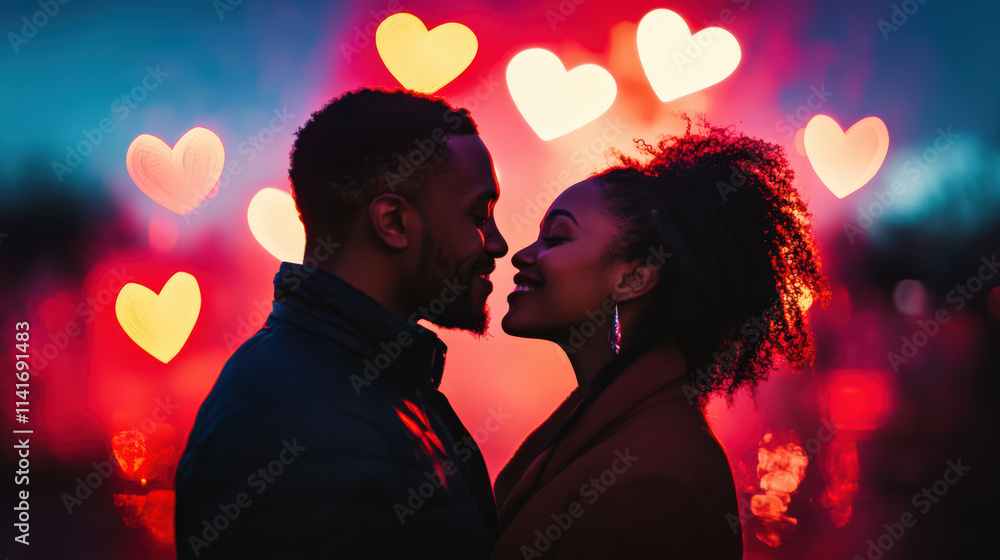 Romantic couple sharing tender kiss, hearts bokeh love affection passion intimacy romance Valentine Day date night fireworks heart bokeh lights dark background silhouette man woman couple adult Romantic couple sharing tender kiss, hearts bokeh love affection passion intimacy romance Valentine Day date night fireworks heart bokeh lights dark background silhouette man woman couple adult
