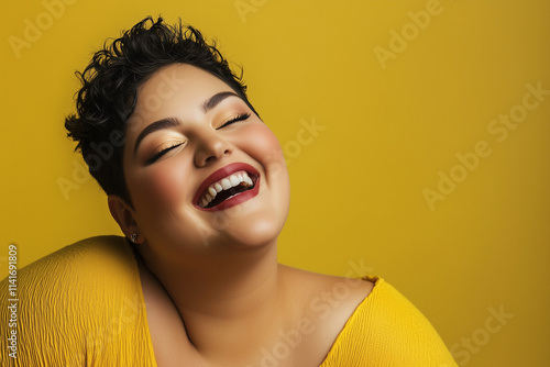  Happy overweight woman smiling. Real size beauty and plus size concept. Generative Ai photo