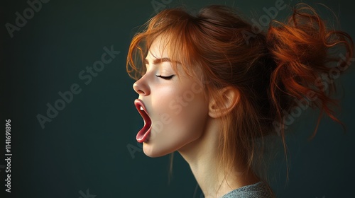 pretty girl seen in profile with her mouth wide open and her tongue out