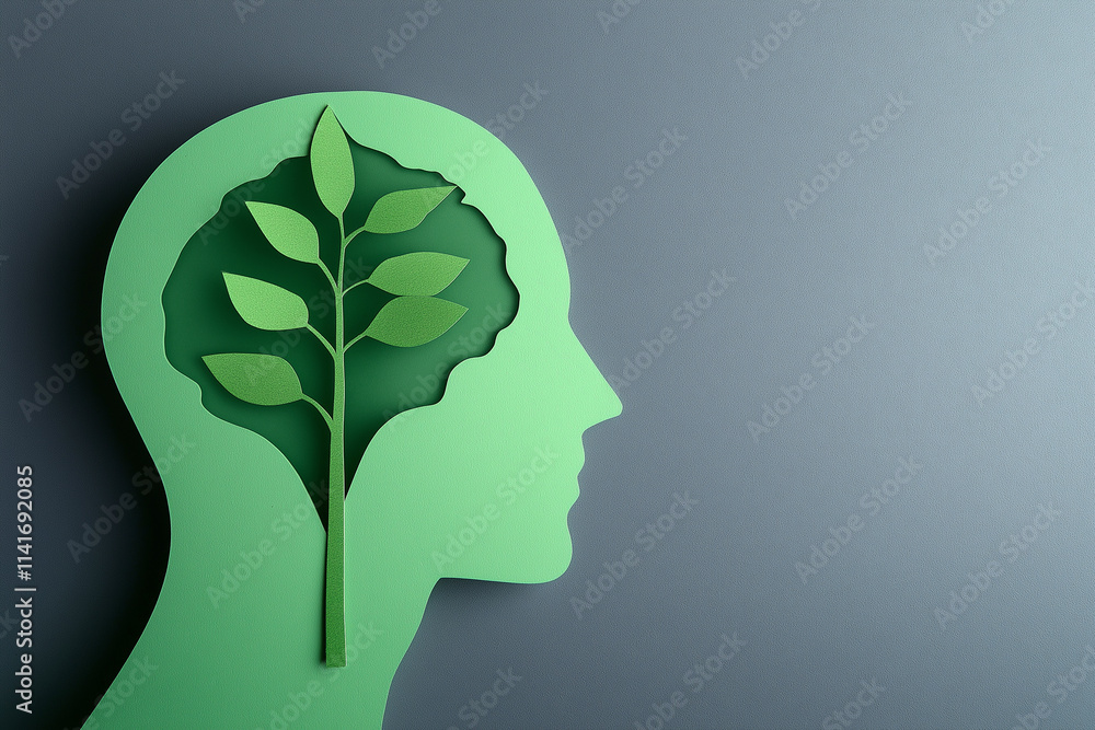 A green paper cutout of the head and brain with a sprouting plant growing out from it, emphasizing clarity and simplicity. It conveys a sense of calmness mental health care for life A green paper cutout of the head and brain with a sprouting plant growing out from it, emphasizing clarity and simplicity. It conveys a sense of calmness mental health care for life