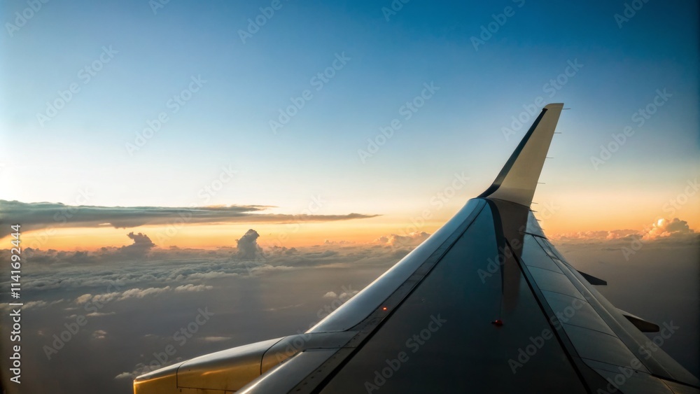 Minimalist airplane wingtip view during sunrise for travel branding and campaigns
Minimalist airplane wingtip view during sunrise for travel branding and campaigns