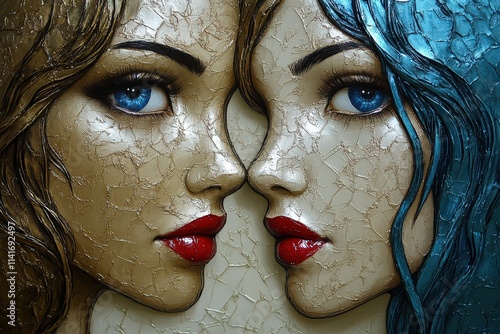 Artistic close-up of two female faces with striking blue eyes, one with golden and the other with aqua hair, showcasing intricate textures.