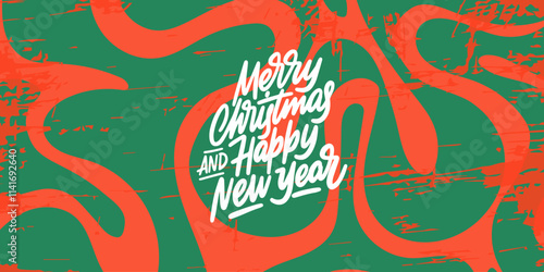 Banner with the text “Merry christmas and Happy new year.” The lettering is hand-drawn. The background is abstract art with red and green patterns, evoking a Christmas atmosphere