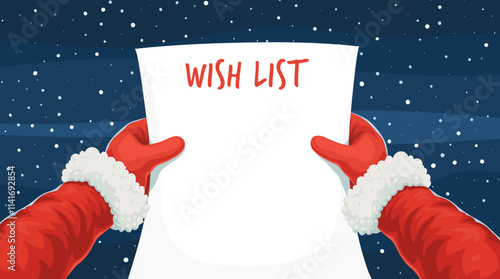 Cartoon Christmas wishlist in Santa Claus hands. Winter xmas holiday wish list. Cartoon vector father Noel character holding blank paper sheet with the title Wish list against a snowy night background