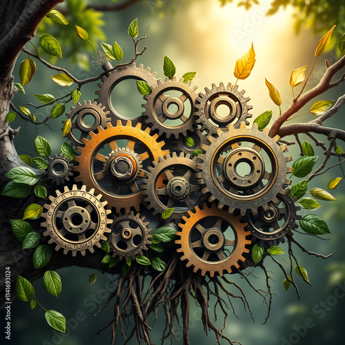 Intricate gears interlock, entwined with nature. Light illuminates harmony. Metallic hues, vibrant greens, warm golds. Symbolize teamwork, growth, synergy