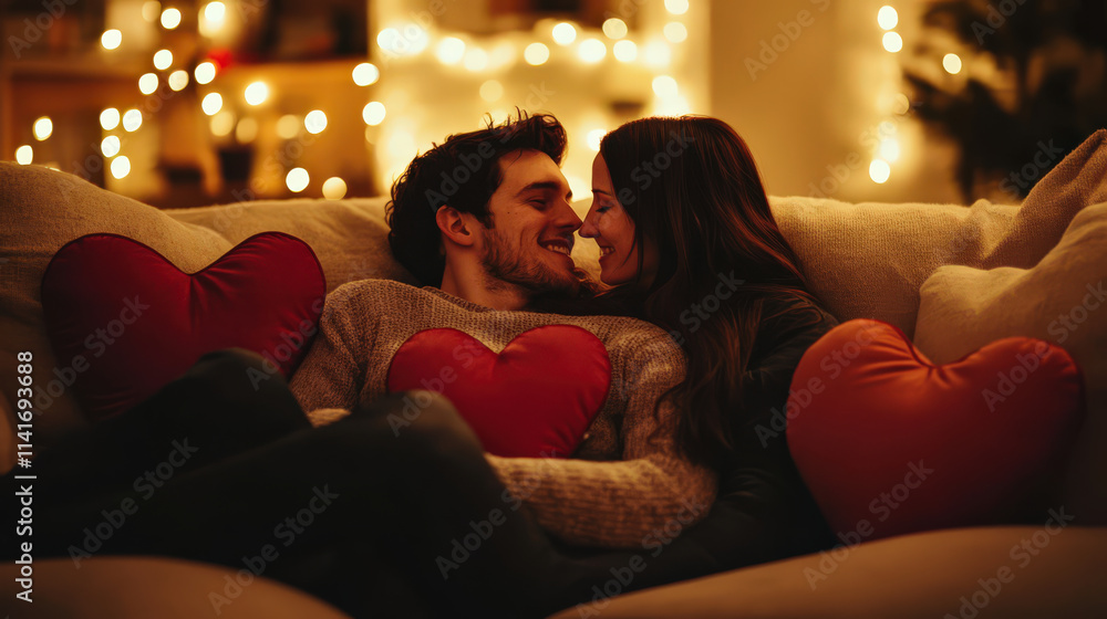 Cozy couple sharing romantic moment on couch, illuminated by warm candlelight love, intimacy, affection Cozy couple sharing romantic moment on couch, illuminated by warm candlelight love, intimacy, affection