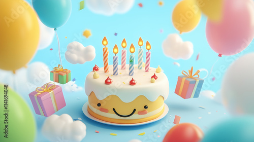 3d Render Happy Birthday Cake with Balloons and Gifts photo