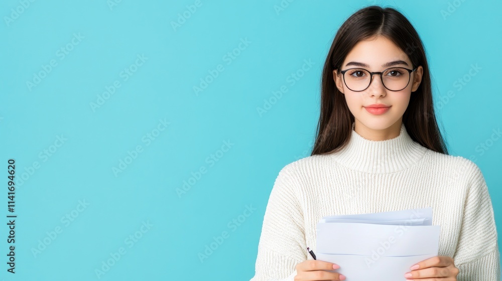 Young woman holding papers against a blue background. Young woman holding papers against a blue background.