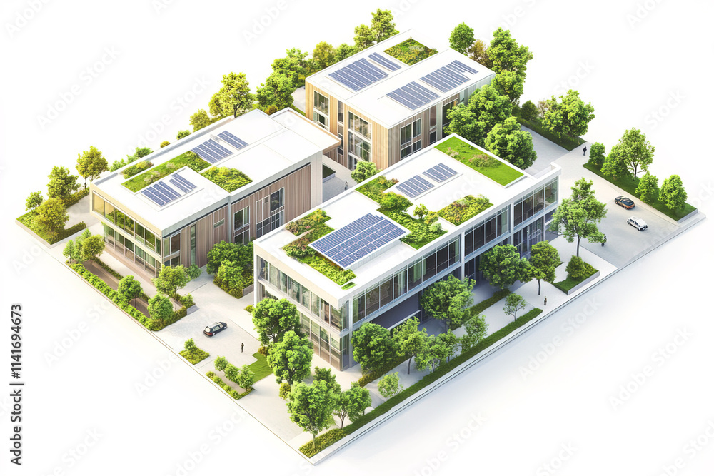 Eco friendly hospital design with green rooftops and solar panels Eco friendly hospital design with green rooftops and solar panels