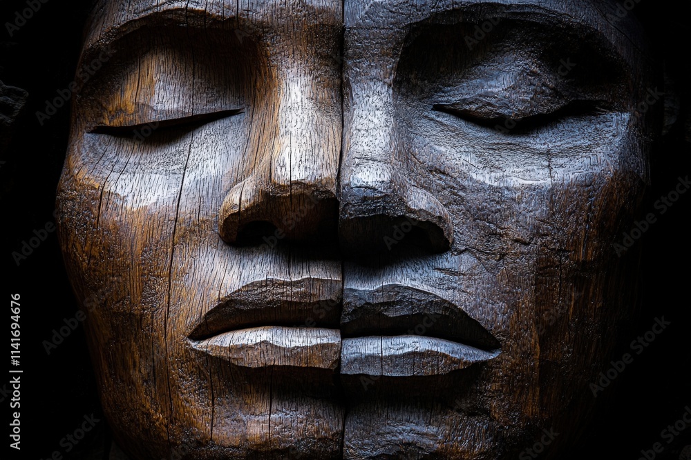 A serene wooden sculpture depicting a symmetrically carved face with closed eyes, showcasing intricate textures and dark hues. A serene wooden sculpture depicting a symmetrically carved face with closed eyes, showcasing intricate textures and dark hues.