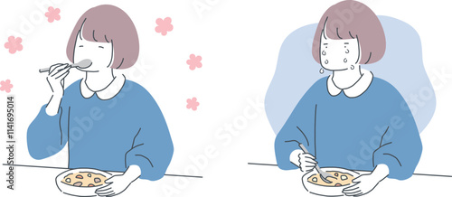 笑顔で食事する女性と涙を流しながら食事する女性の比較イラスト