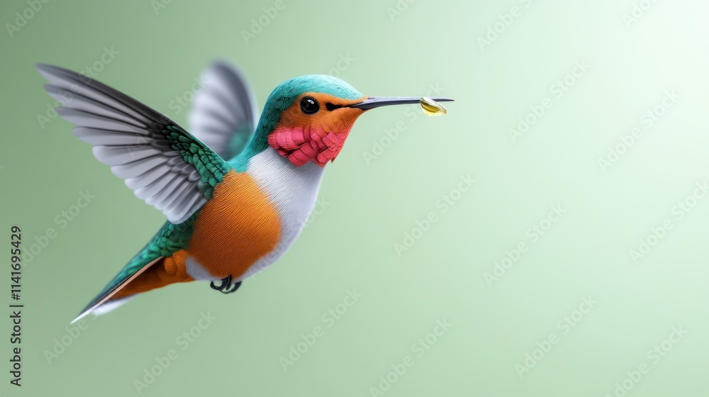 Obraz premium A colorful hummingbird in flight, poised to feed.