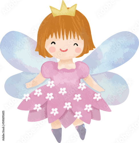 Cute fairy girl in pink purple flower floral dress with iridescent wings wearing yellow crown short ginger hair illustration watercolor forest clipart transparent digital planner sticker