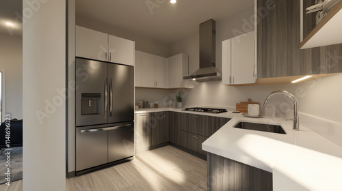 Wallpaper Mural Modern kitchen sleek design stainless steel appliances white countertops wood cabinets minimalist contemporary clean bright airy spacious functional kitchen island sink faucet flooring lighting Torontodigital.ca