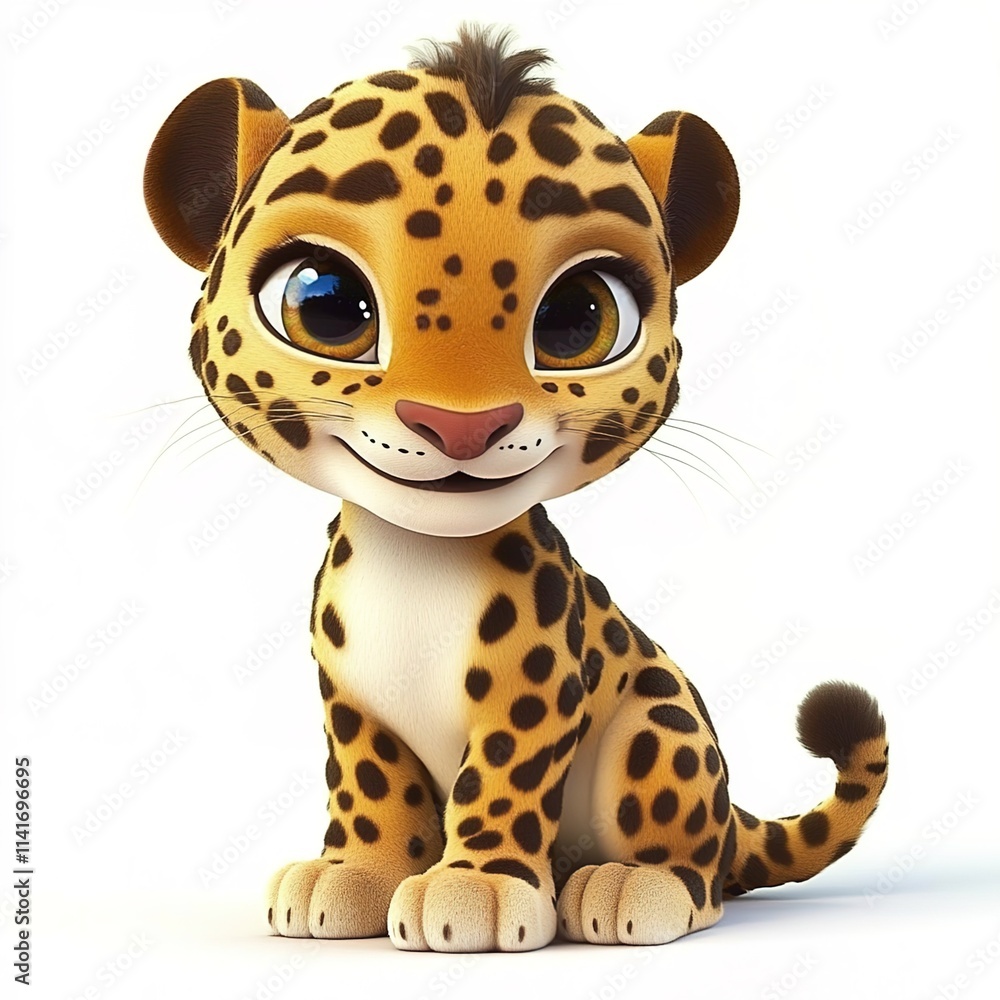 3D cartoon, a happy baby leopard sitting on a white background 3D cartoon, a happy baby leopard sitting on a white background