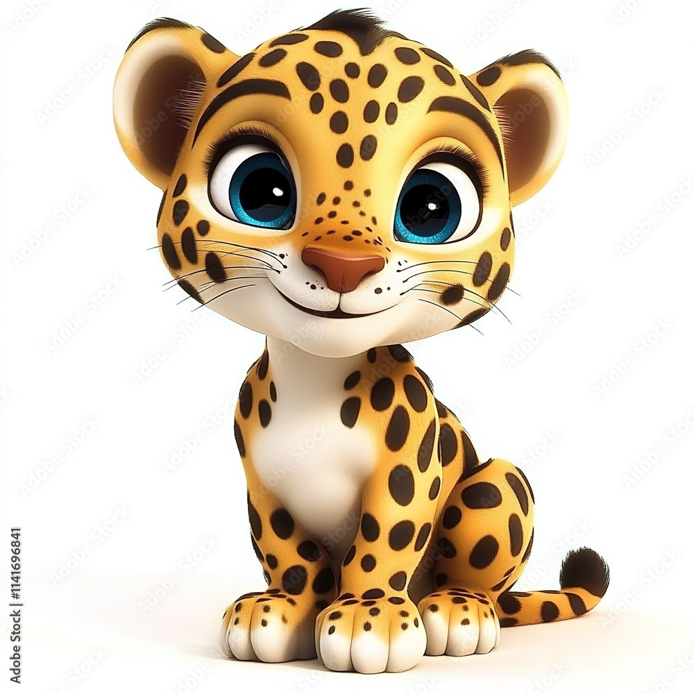 3D cartoon, a happy baby leopard sitting on a white background 3D cartoon, a happy baby leopard sitting on a white background