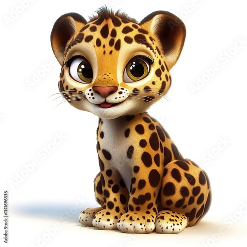  3D cartoon, a happy baby leopard sitting on a white background