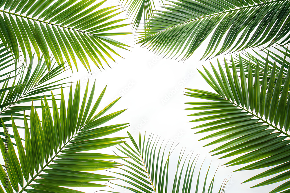 Fototapeta premium Green palm leaves border, cut out, on isolated white background, Clipping path.png