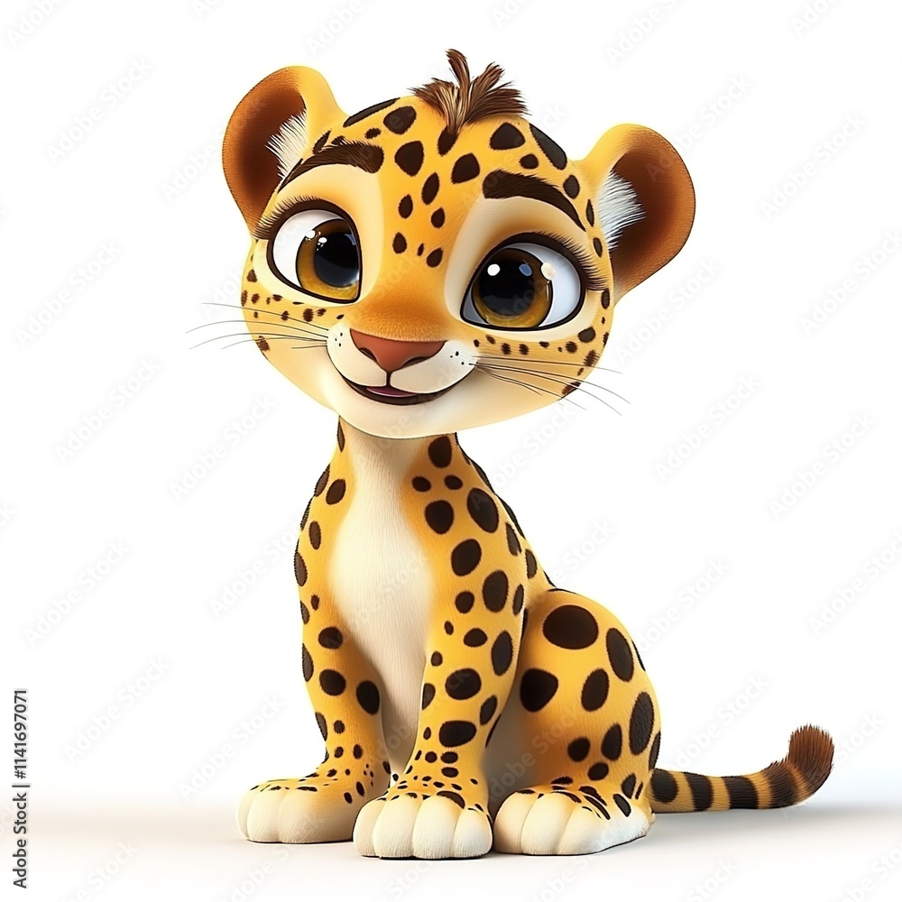 3D cartoon, a happy baby leopard sitting on a white background 3D cartoon, a happy baby leopard sitting on a white background