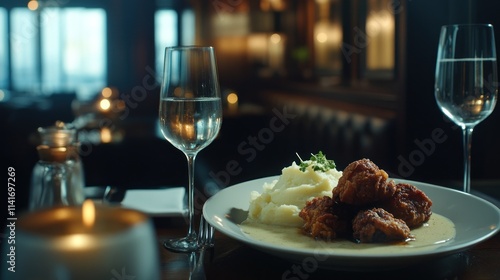 Dinner setting with food, drinks, and candle light.