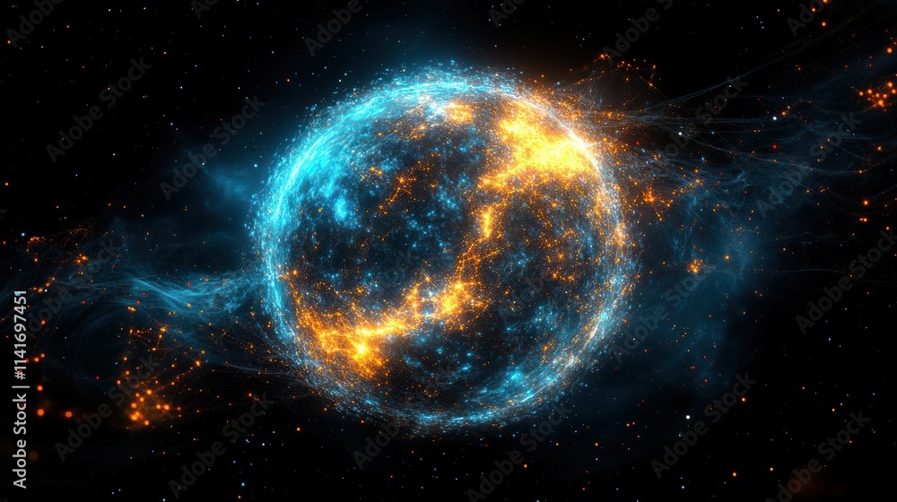Glowing blue and orange energy sphere in space. Glowing blue and orange energy sphere in space.
