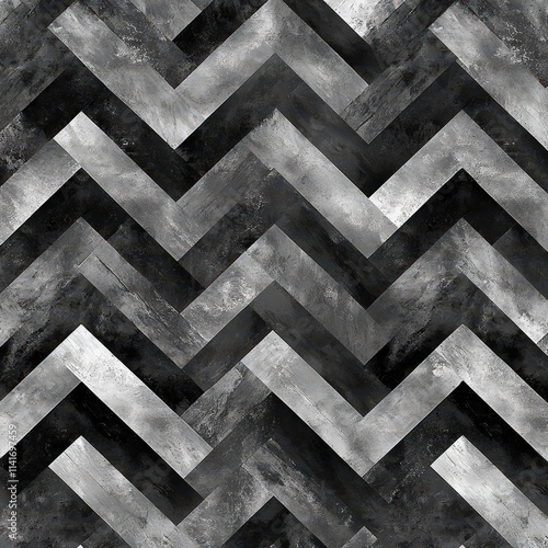 An abstract black and white zigzag pattern featuring bold chevrons and textured layers, perfect for modern design aesthetics.