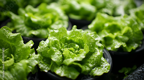 Vibrant Green Lettuce Plants in Hydroponic System, Fresh Dewy Leaves Growing in Pots, Healthy Organic Produce Cultivation