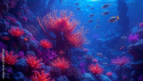 Vibrant coral reef teeming with diverse fish life photo