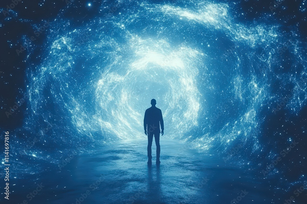 A silhouetted male figure stands before a mesmerizing cosmic tunnel, embodying the vastness of the universe in brilliant blue hues. A silhouetted male figure stands before a mesmerizing cosmic tunnel, embodying the vastness of the universe in brilliant blue hues.