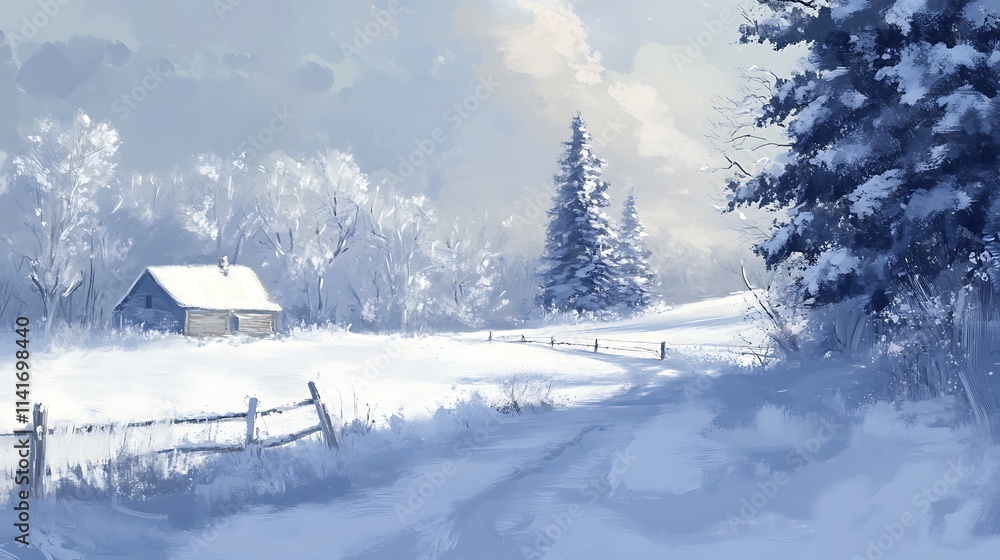 Snowy winter morning with a peaceful landscape and snow-covered trees Snowy winter morning with a peaceful landscape and snow-covered trees