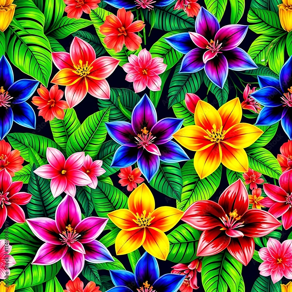 Tropical Floral Burst: A vibrant and lively seamless pattern featuring an explosion of colorful flowers and lush green leaves, perfect for adding a touch of exotic charm to any design. Tropical Floral Burst: A vibrant and lively seamless pattern featuring an explosion of colorful flowers and lush green leaves, perfect for adding a touch of exotic charm to any design.