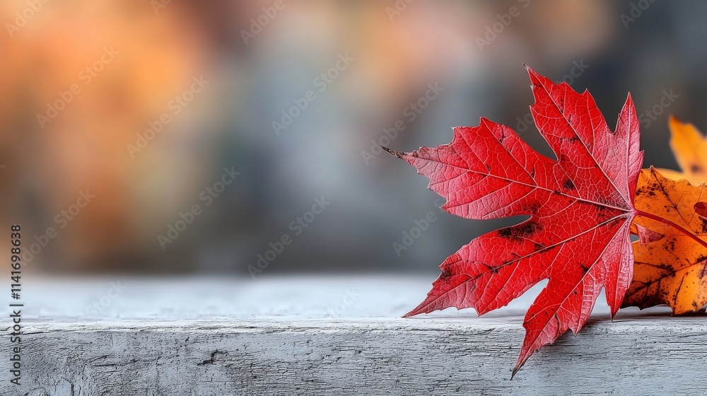 Obraz premium Red Leaf on Wood Surface