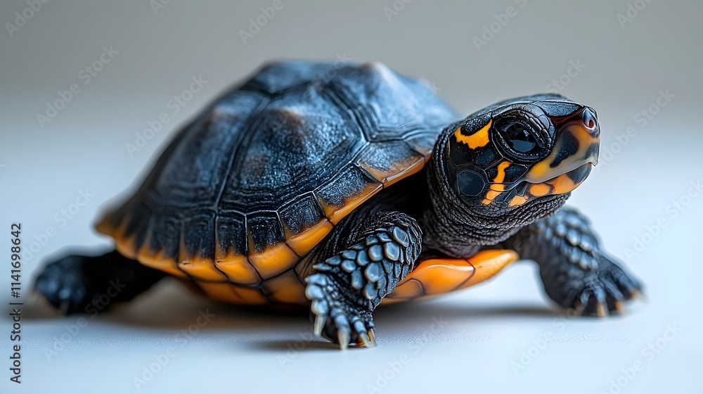 Obraz premium A small turtle with orange and black markings is standing on a white surface