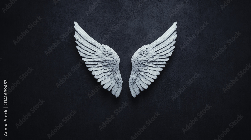 Ethereal angel wings suspended against dark background, creating serene and mystical atmosphere. intricate details of wings evoke sense of wonder and beauty Ethereal angel wings suspended against dark background, creating serene and mystical atmosphere. intricate details of wings evoke sense of wonder and beauty