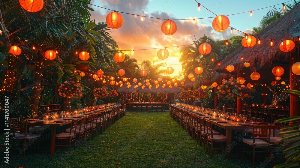 Obraz premium A beautifully decorated outdoor venue for a festive gathering at sunset.