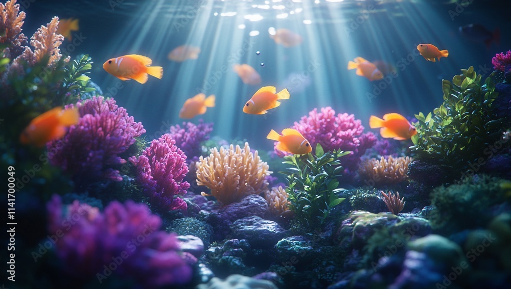Fototapeta premium Vibrant coral reef with orange fish swimming in sunlit water.