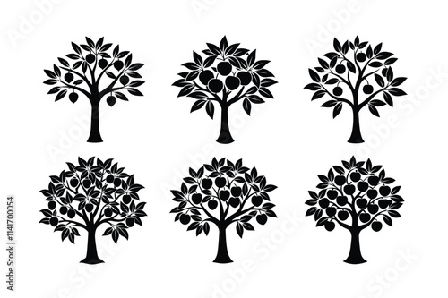 vector of orange tree design, labeled vector art, linocut silhouette illustration.