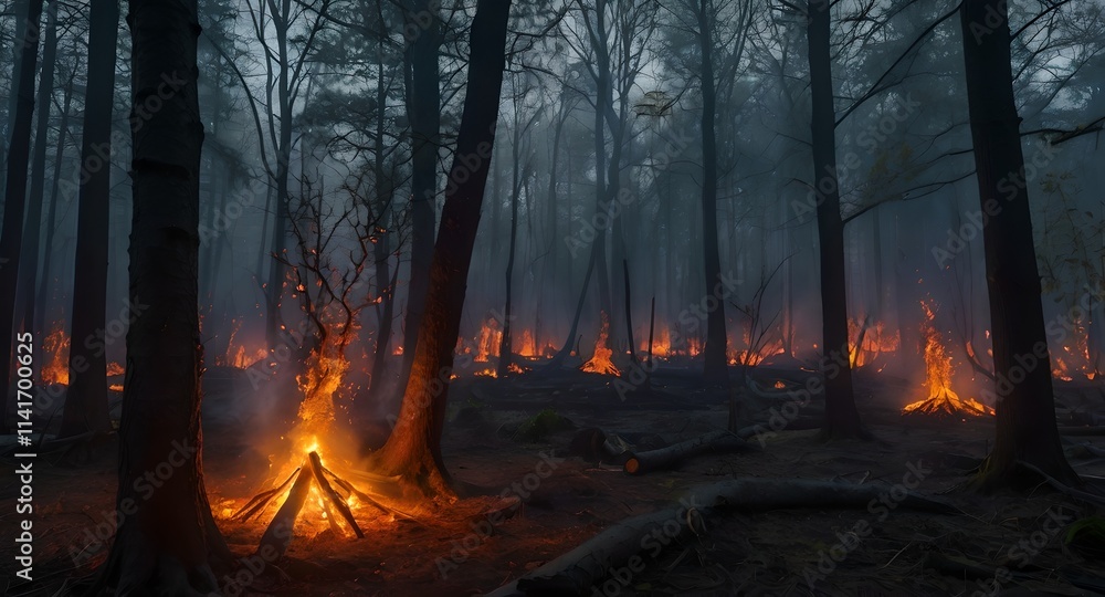 A forest scene featuring trees surrounded by raging flames, illustrating the impact of a wildfire. A forest scene featuring trees surrounded by raging flames, illustrating the impact of a wildfire.