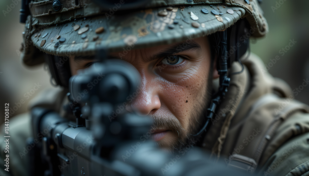 highly detailed closeup photo of an solder looking through his sights on his rifle highly detailed closeup photo of an solder looking through his sights on his rifle