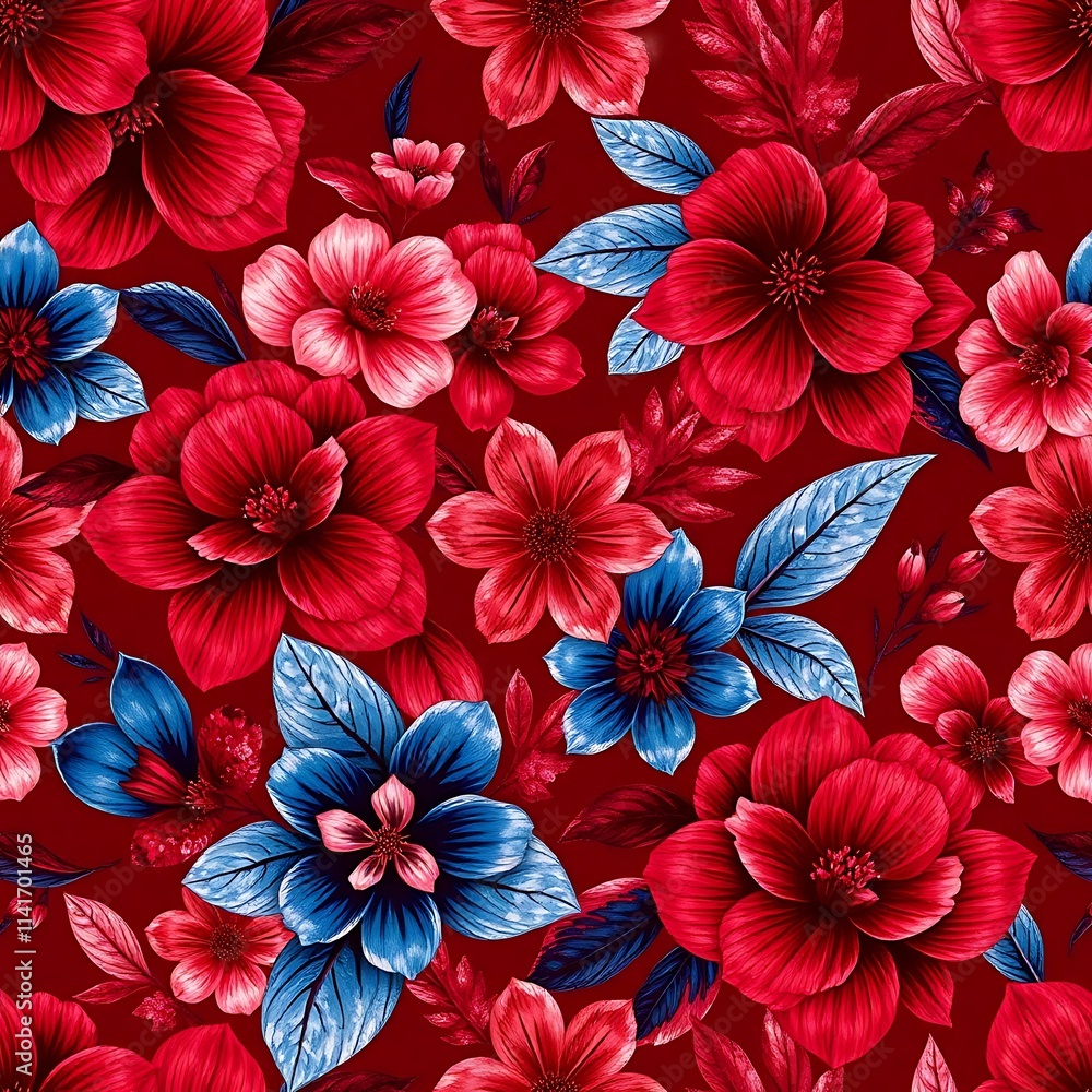 Crimson Floral Rhapsody: A captivating seamless pattern featuring vibrant, hand-painted flowers in rich shades of red, pink, and blue, blooming on a deep crimson background. Crimson Floral Rhapsody: A captivating seamless pattern featuring vibrant, hand-painted flowers in rich shades of red, pink, and blue, blooming on a deep crimson background.