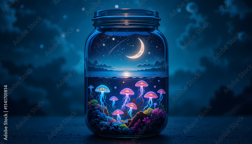 A glass jar containing two magical realms. The top half reveals a starry night sky with planets. The bottom half shows an underwater galaxy where luminous jellyfish float among glowing coral A glass jar containing two magical realms. The top half reveals a starry night sky with planets. The bottom half shows an underwater galaxy where luminous jellyfish float among glowing coral